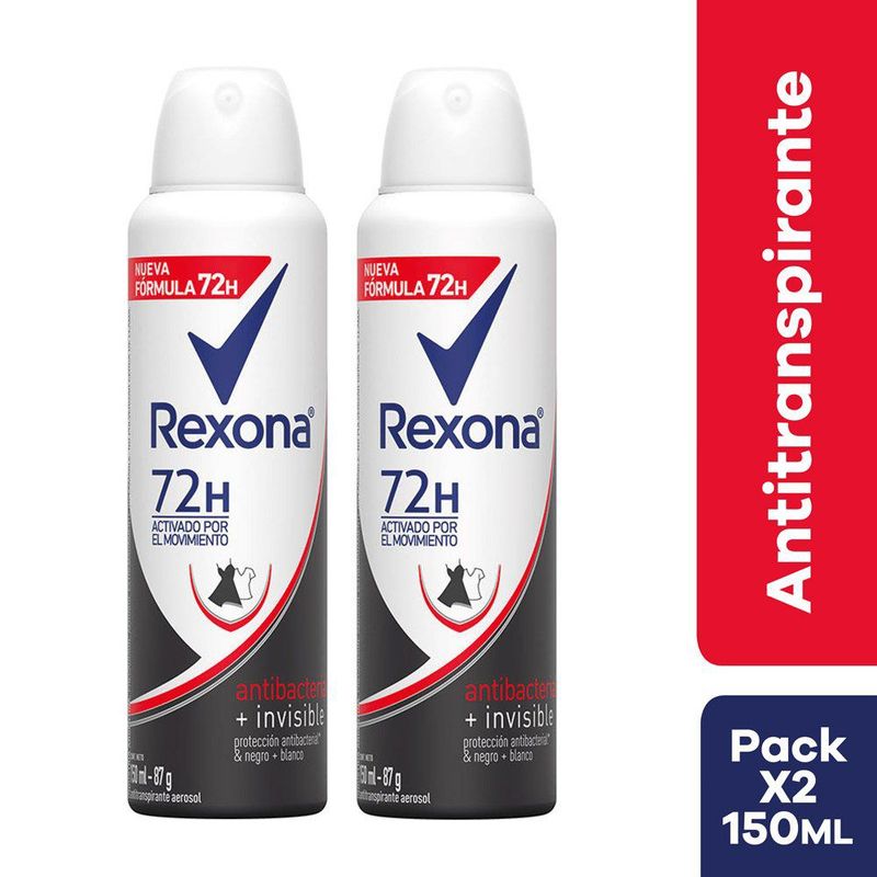 REXONA - Pack Desodorante Femenino Rexona Aerosol Antibacterial 150 mL + Invisible 150 mL