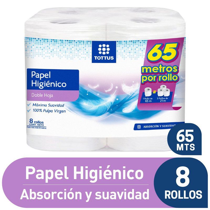 TOTTUS - Papel Higiénico Tottus Doble Hoja Pack 8 Rollos 65m