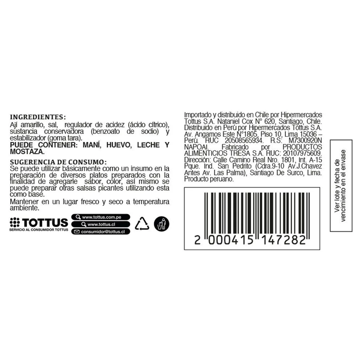 TOTTUS - Pasta de Ají Amarillo Tottus Envase 205 g