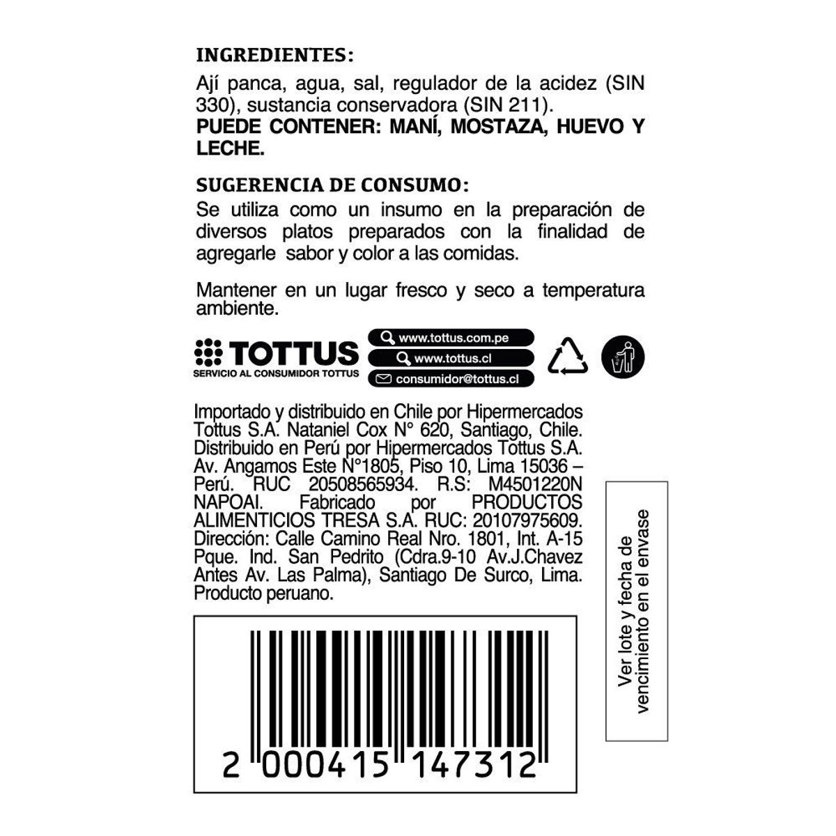 TOTTUS - Pasta de Ají Panca Tottus Envase 205 g