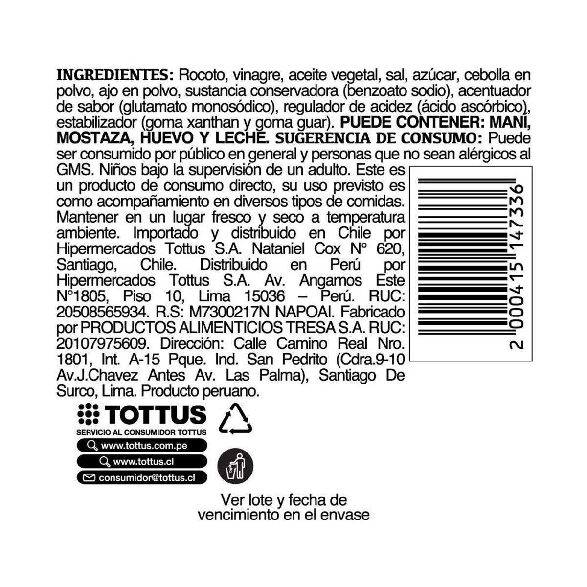 TOTTUS - Salsa de Rocoto Molido Tottus Botella 370 g