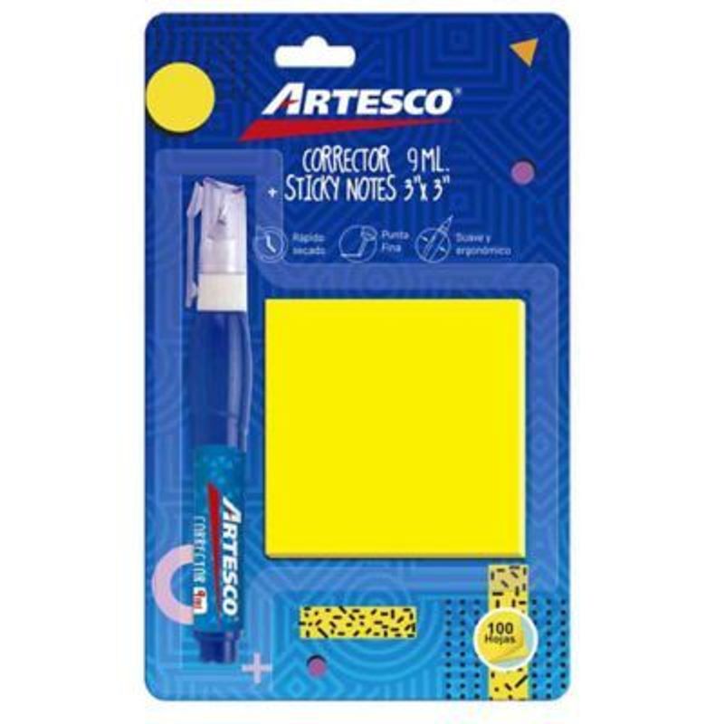 ARTESCO - Corrector Artesco  + Notas Adhesivas Amarillo Neón 3 X 3