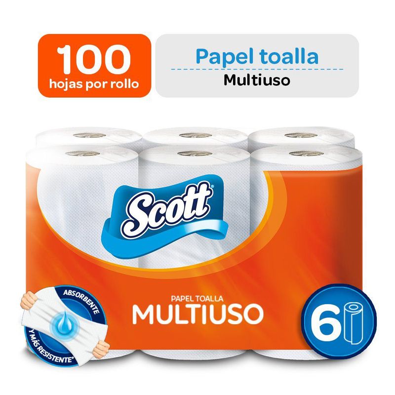 SCOTT - Papel Toalla Scott Multiusos Pack 6 Rollos 100 Hojas