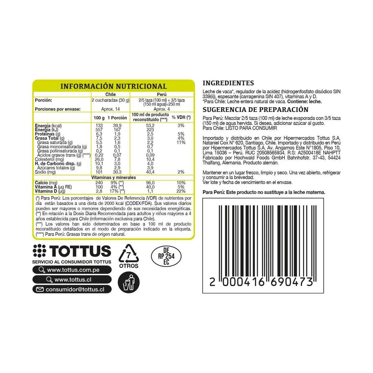 TOTTUS - Leche Evaporada Tottus Lata 410 g