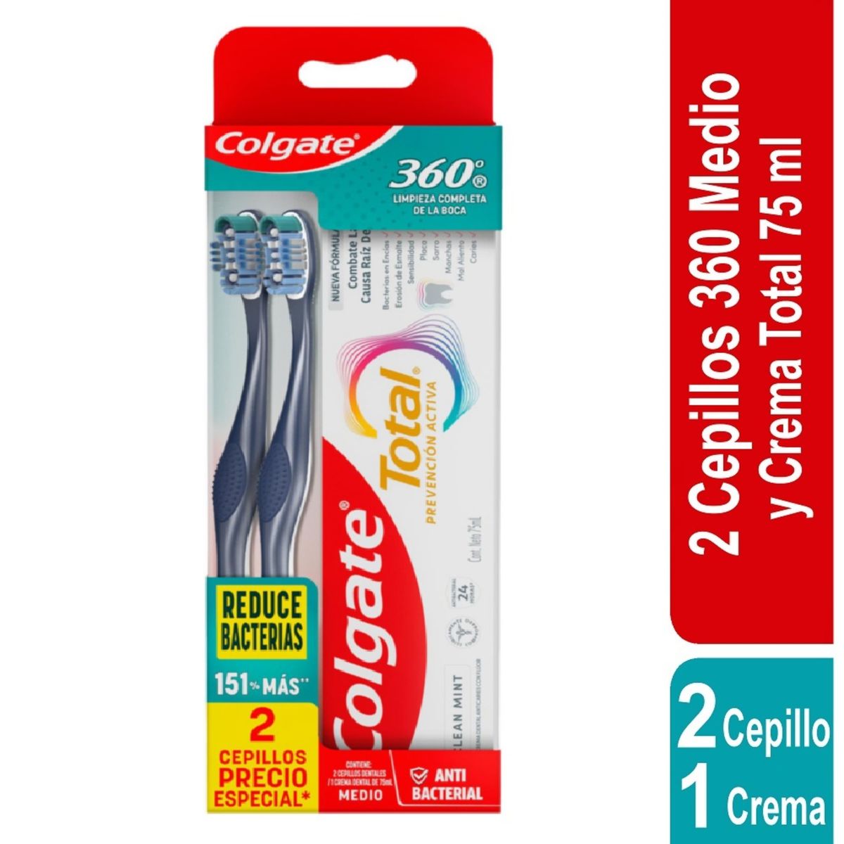 COLGATE - Pack Cepillo Dental Colgate 360 2 Und + Crema Total 12 Mint 75 mL