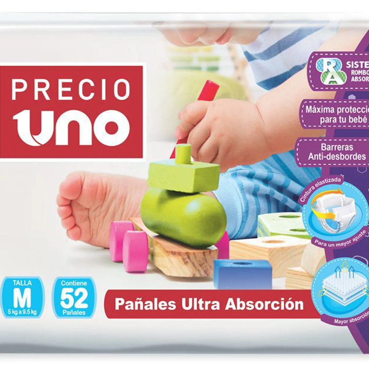 PRECIO UNO - Pañales Ultra Absorción Precio Uno Talla M Empaque 52 Und