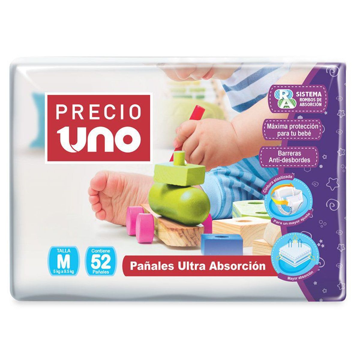 PRECIO UNO - Pañales Ultra Absorción Precio Uno Talla M Empaque 52 Und