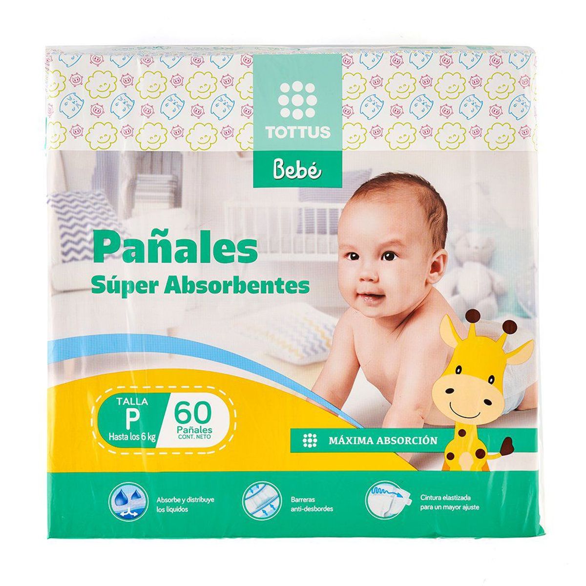 TOTTUS - Pañales Súper Absorbentes Tottus Talla P Empaque 60 Und