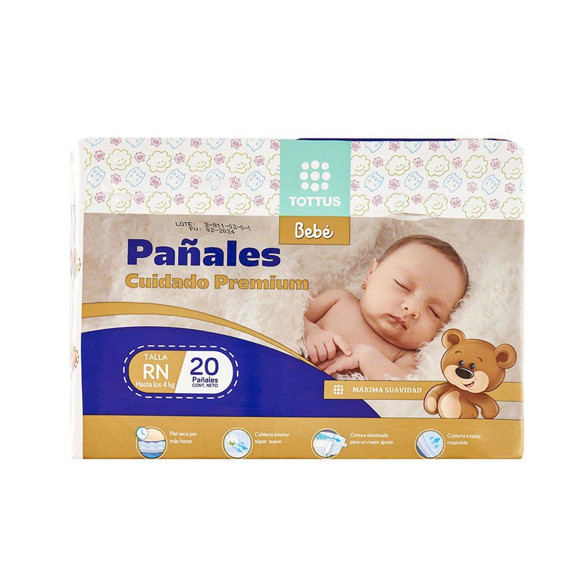 TOTTUS - Pañales Cuidado Premium Tottus Recién Nacido Empaque 20 Und