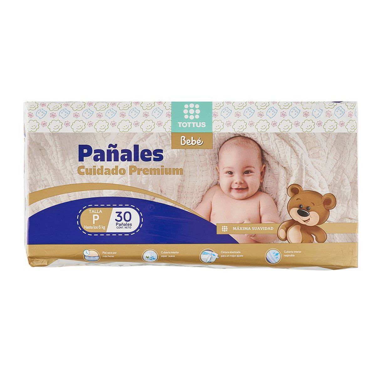 TOTTUS - Pañales Cuidado Premium Tottus Talla P Empaque 30 Und