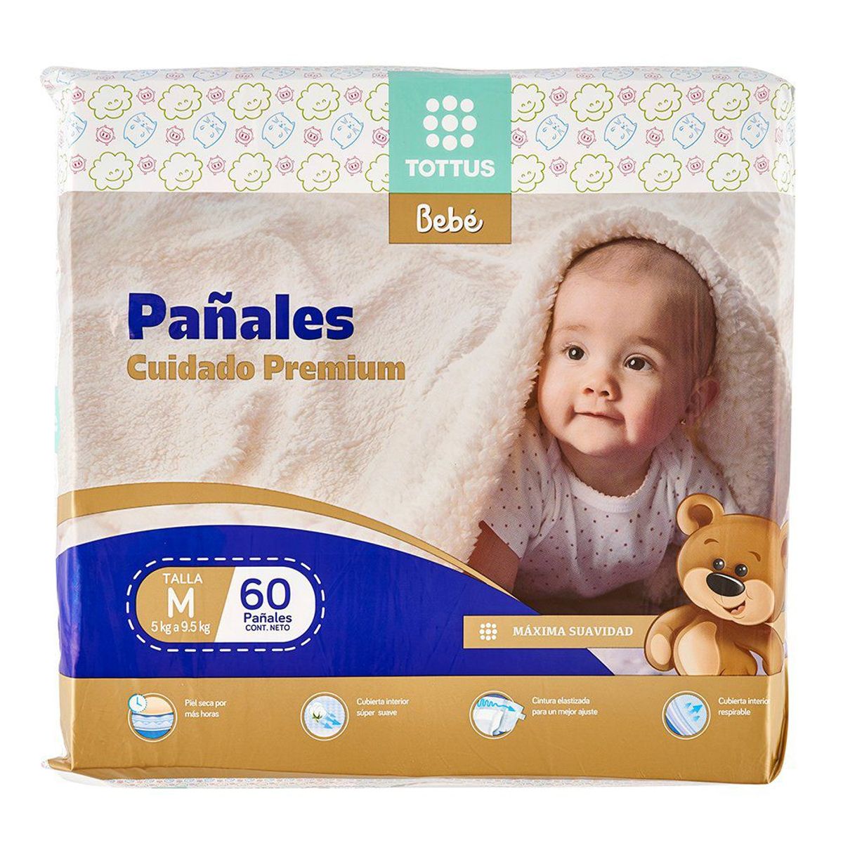 TOTTUS - Pañales Cuidado Premium Tottus Talla M Empaque 60 Und