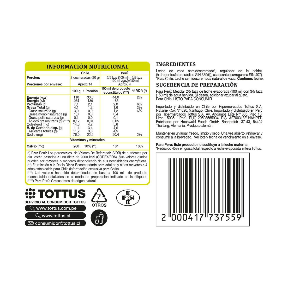 TOTTUS - Leche Evaporada Light Tottus 410 g