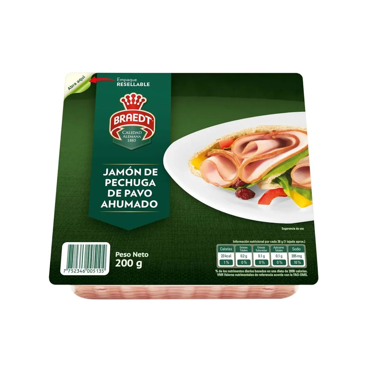 BRAEDT - Jamón de Pechuga de Pavo Ahumado Braedt Empaque 200 g