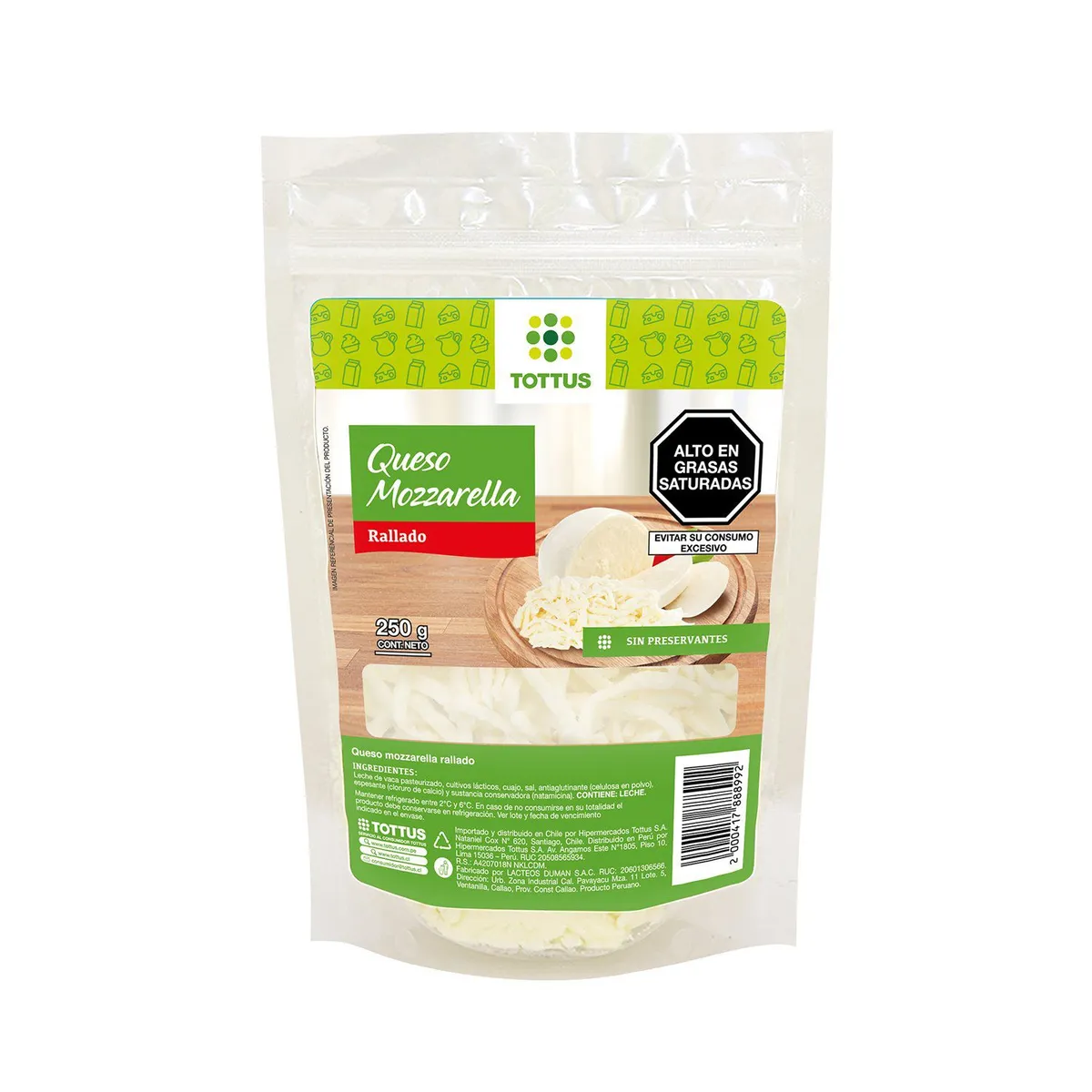 TOTTUS PREMIUM - Queso Mozzarella Rallado Tottus Doypack 250 g