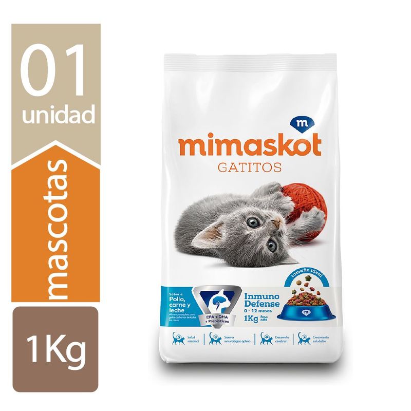 MIMASKOT - Comida para Gatos Mimaskot 0 a 12 Meses Sabor Pollo Carne y Leche 1 kg