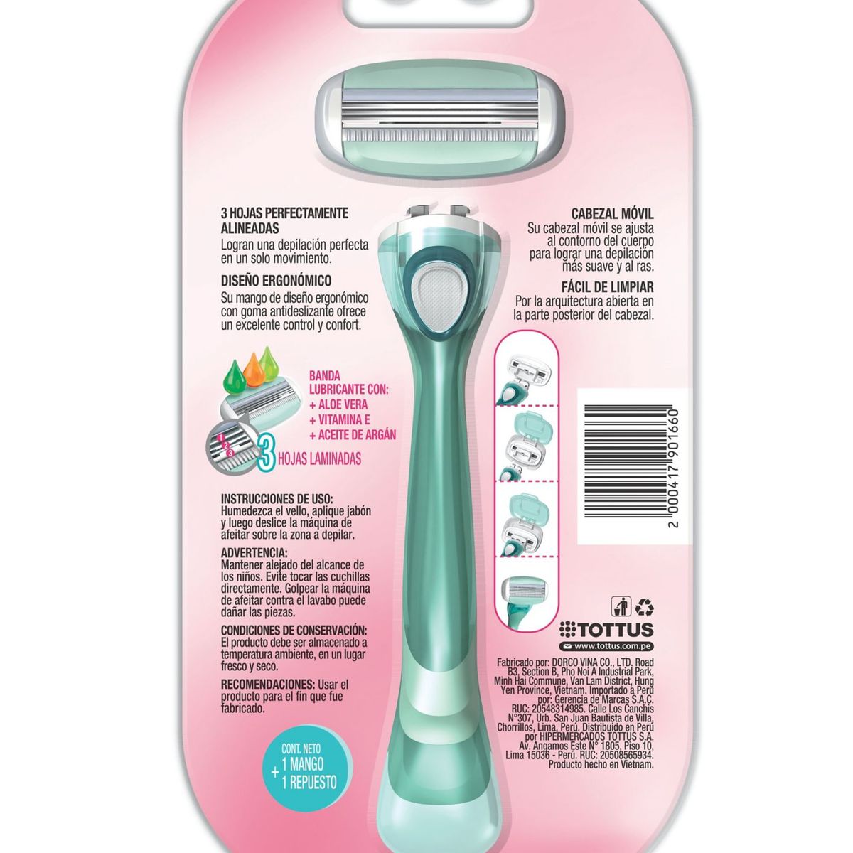 TOTTUS - Máquina de Afeitar Mujer 3 Hojas Tottus + 1 Repuesto