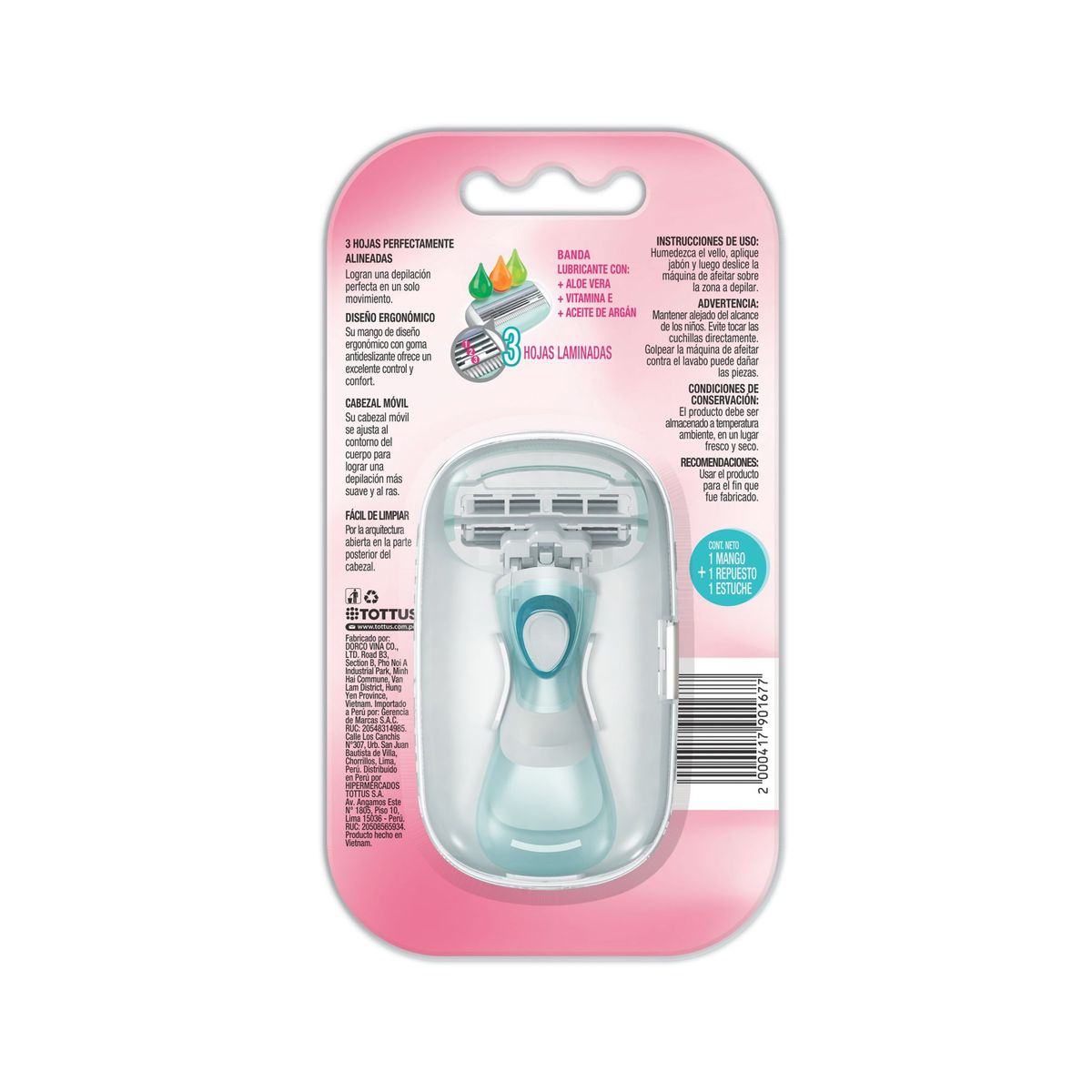 TOTTUS - Mini Máquina de Afeitar Mujer 3 Hojas Tottus + 1 Repuesto