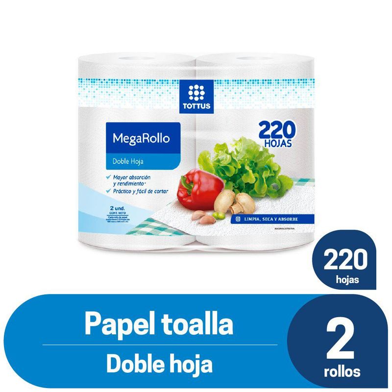 TOTTUS - Papel Toalla Tottus Mega Rollo Doble Hoja Pack 2 Rollos 110 Hojas