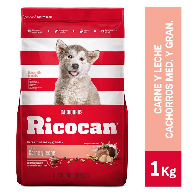 RICOCAN - Comida para Perros Ricocan Cachorros Raza Mediana y Grande de Carne y Leche 1 kg