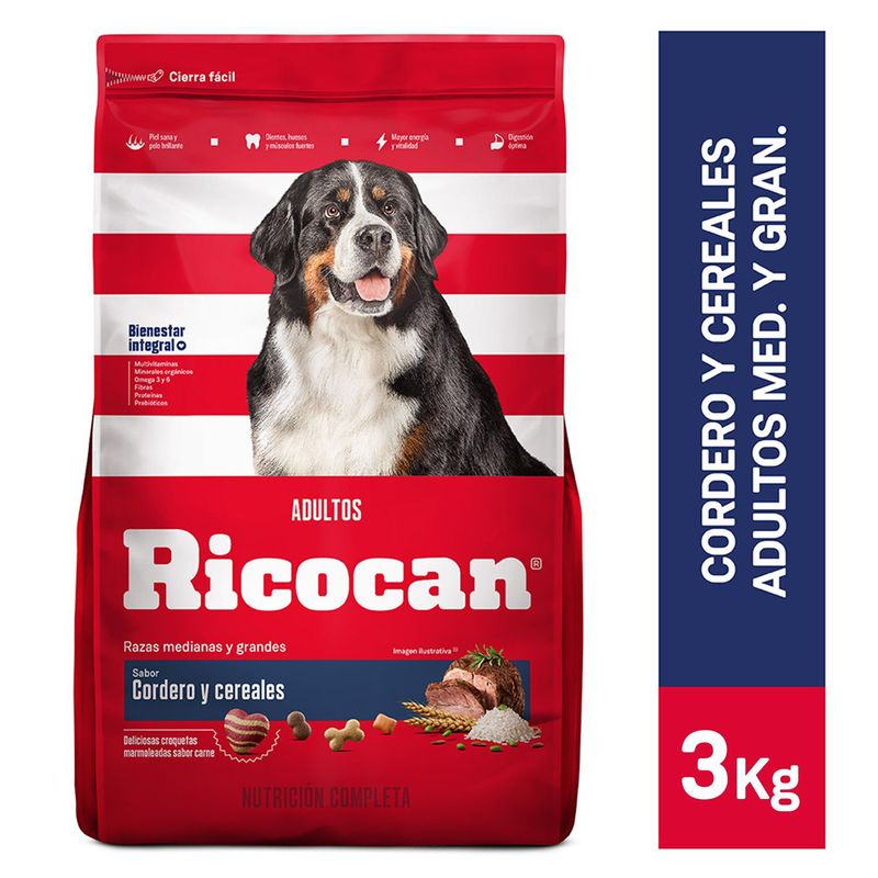 RICOCAN - Comida para Perros Ricocan Adultos Medianas y Grandes Sabor Cordero y Cereales 3 kg