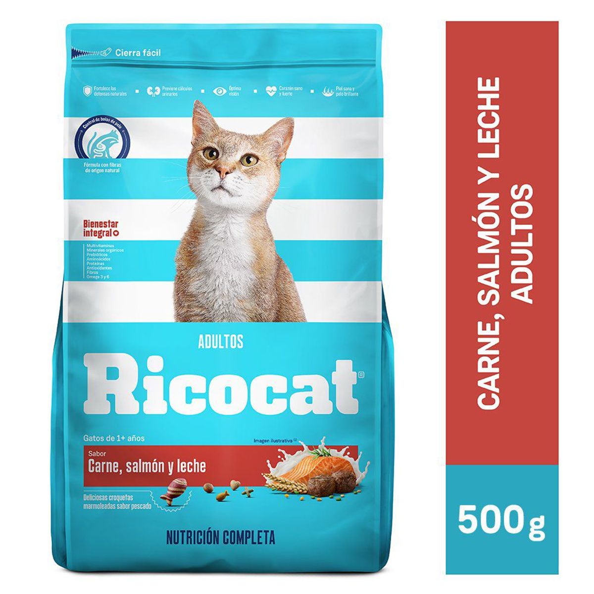 RICOCAT - Alimento Seco Gatos Adultos Ricocat Carne Salmón Leche Bolsa 500 g