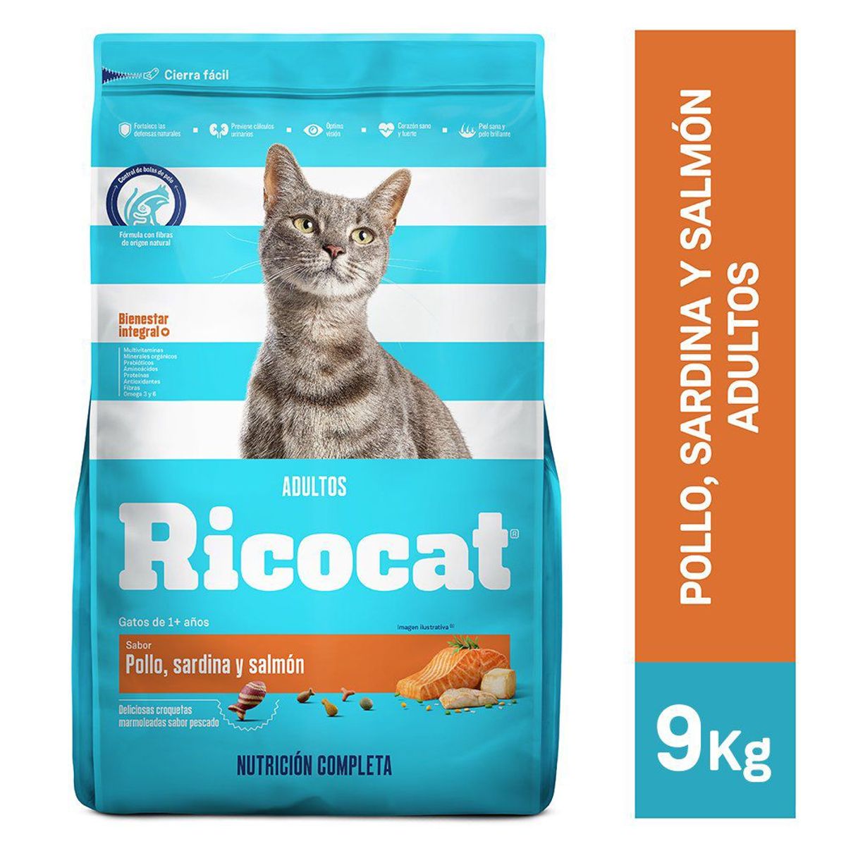RICOCAT - Alimento Seco Gatos Adultos Ricocat Pollo Sardina Salmón Bolsa 9 Kg