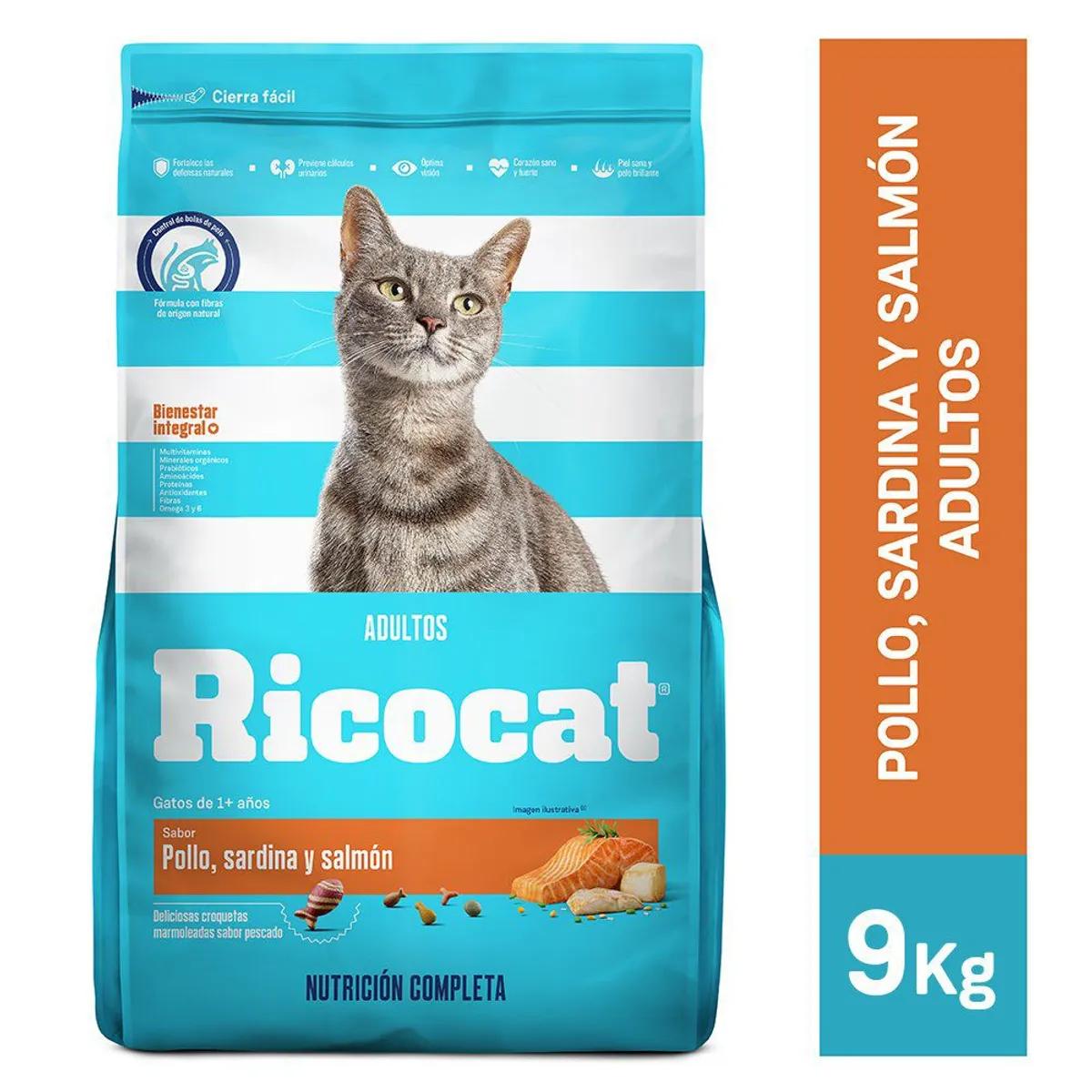 RICOCAT - Alimento Seco Gatos Adultos Ricocat Pollo Sardina Salmón Bolsa 9 Kg