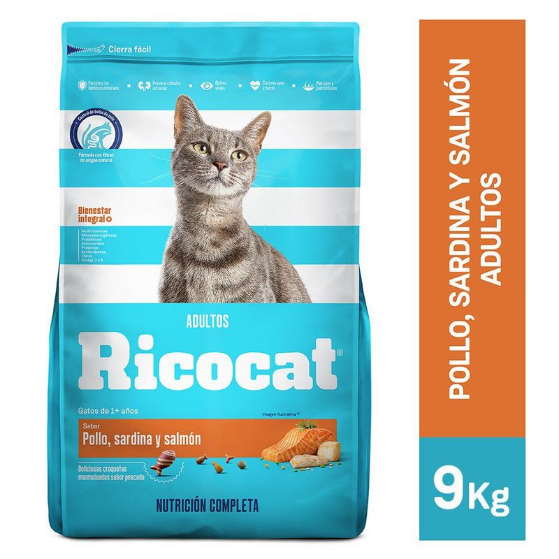 RICOCAT - Comida para Gatos Adultos Ricocat Sabor Pollo Sardina y Salmón 9 kg