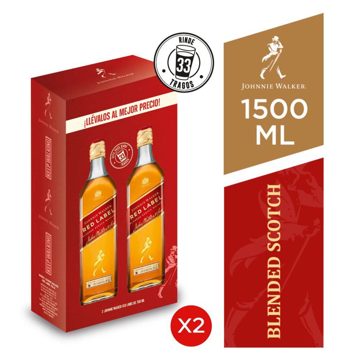 JOHNNIE WALKER - Whisky Johnnie Walker Red Label Pack 2 Botellas 750 mL