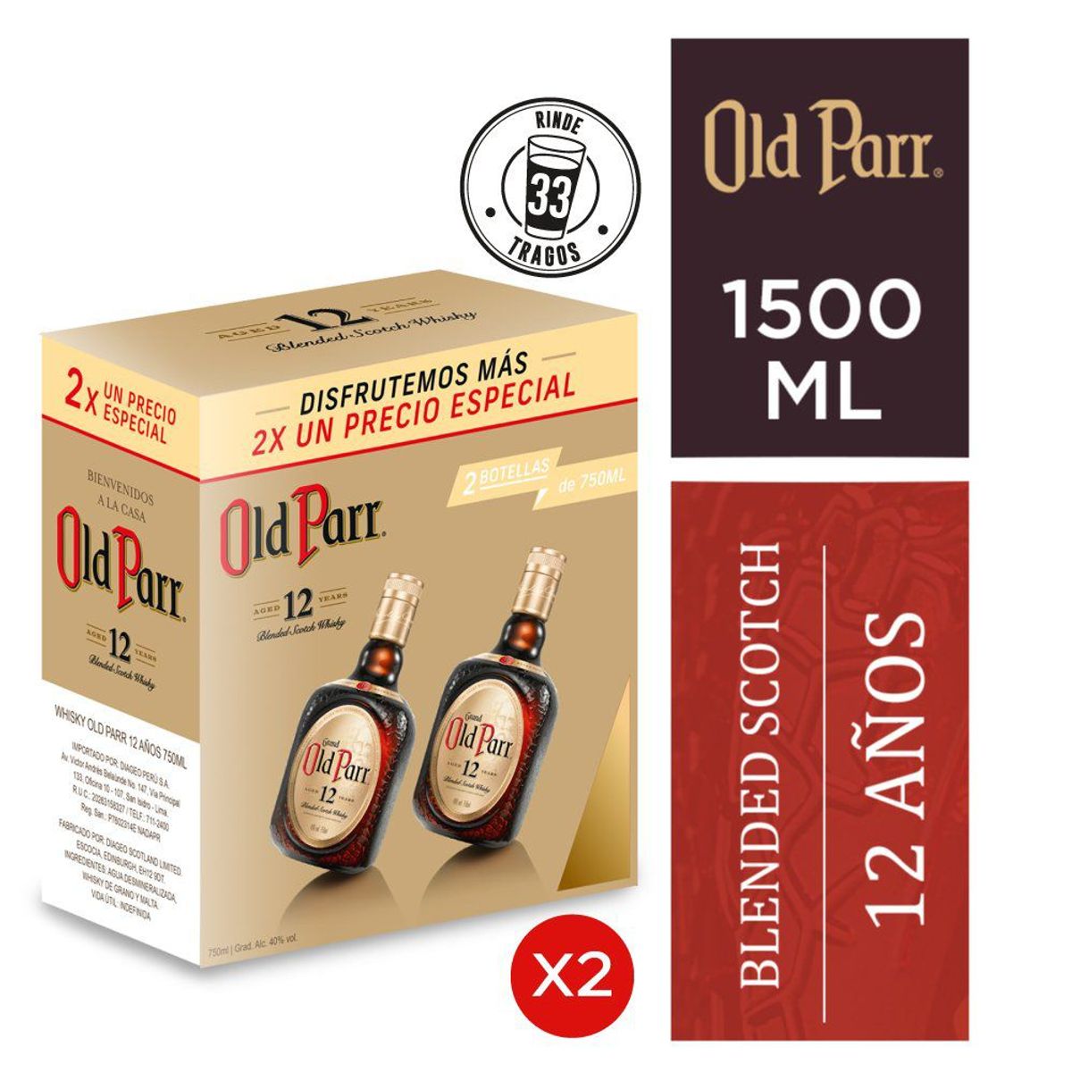 OLD PARR - Whisky Old Parr 12 Años Pack 2 Botellas 750 mL