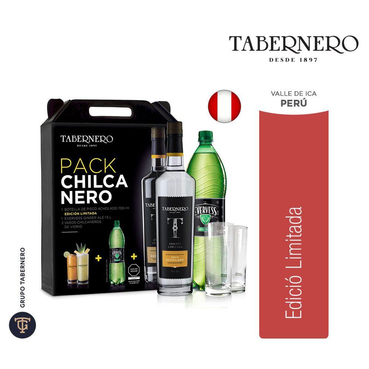 TABERNERO - Pisco Tabernero 750 mL + Evervess 1.5 L