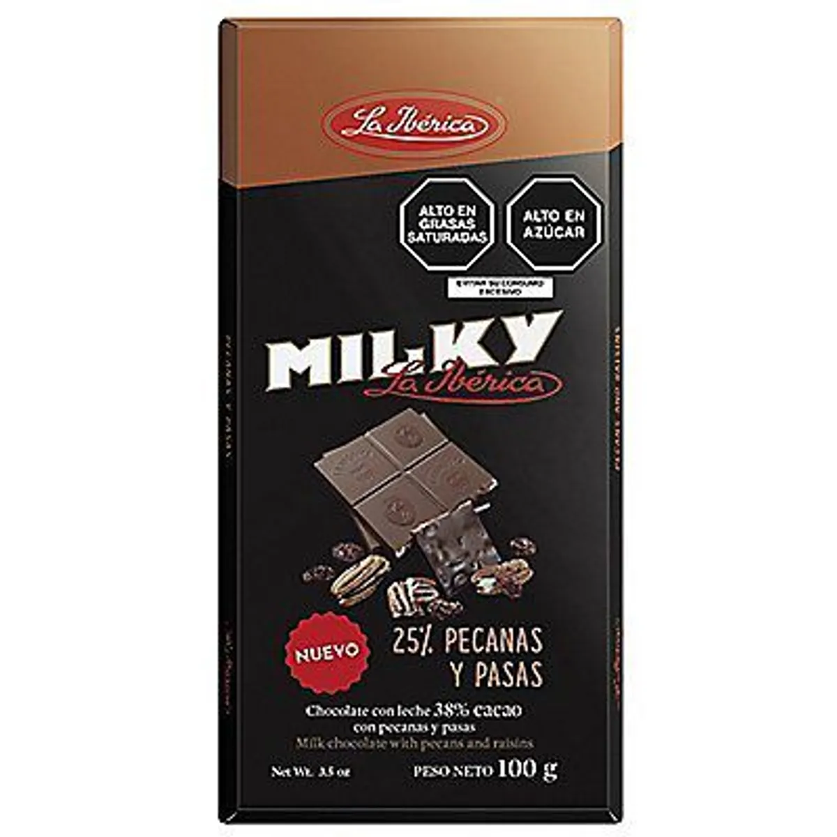 LA IBERICA - Chocolate en Barra La Iberica Milky con Pecanas y Pasas Empaque 100 g