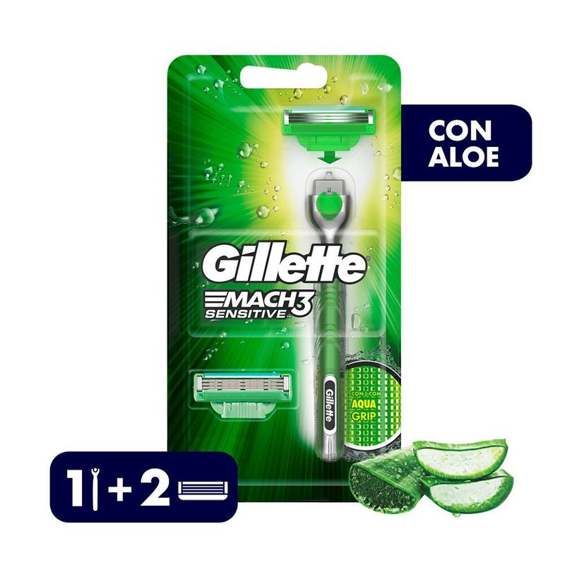 GILLETTE - Afeitadora Recargable Gillette Mach3 Sensitive AquaGrip con 2 repuestos