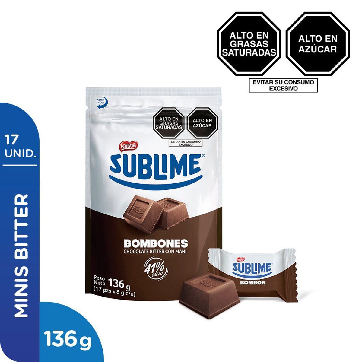 SUBLIME - Bombones Sublime Chocolate Bitter con Maní Bolsa 17 Und