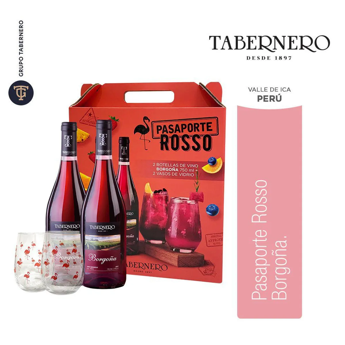 TABERNERO - Two Pack Vino Borgoña 750 mL + 2 Vasos De Vidrio
