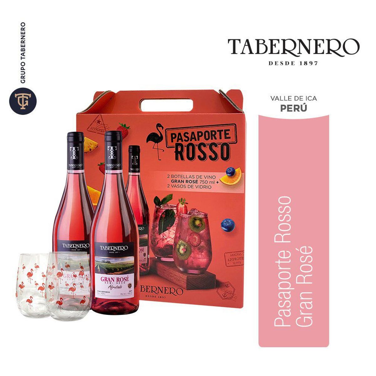 TABERNERO - Two Pack Vino Rosa 750 mL + 2 Vasos