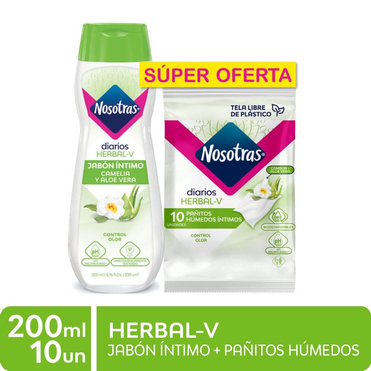 NOSOTRAS - Pack Jabón Íntimo Herbal Nosotras 200 mL + Pañitos 10 Und