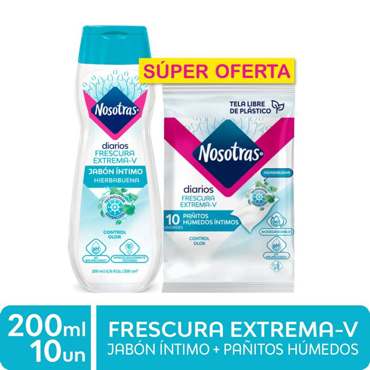 NOSOTRAS - Pack Jabón Íntimo Frescura Extrema Nosotras 200 mL + Pañitos 10 Und