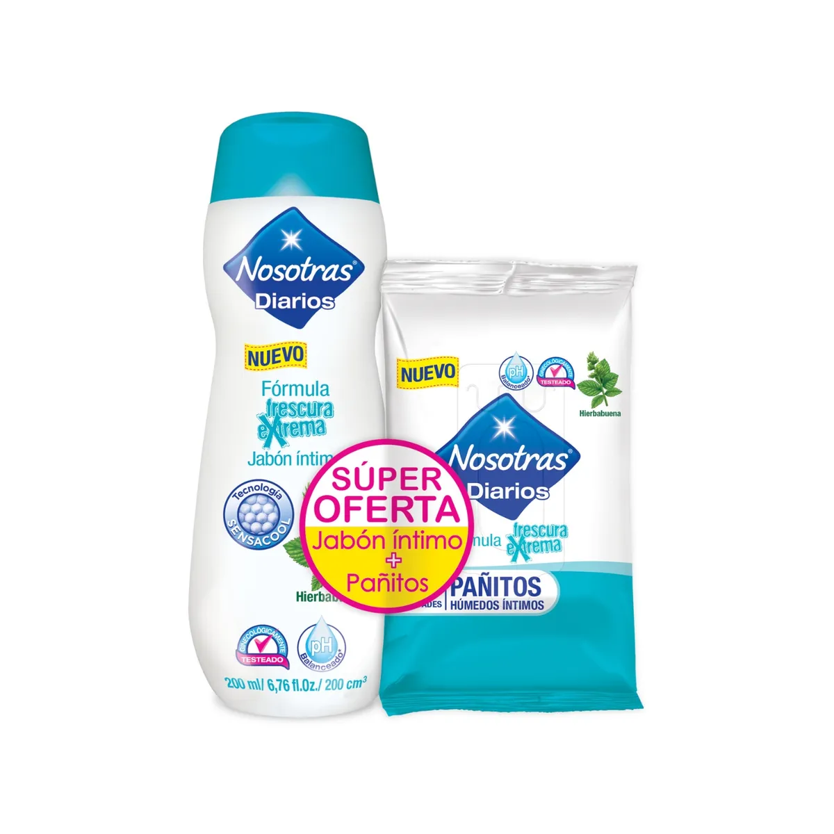 NOSOTRAS - Pack Jabón Íntimo Frescura Extrema Nosotras 200 mL + Pañitos 10 Und