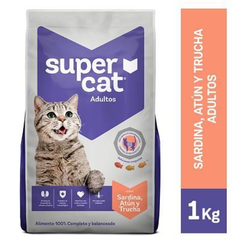 SUPERCAT - Comida para Gatos Super Cat Adultos Sabor Sardina Atún y Trucha 1 kg
