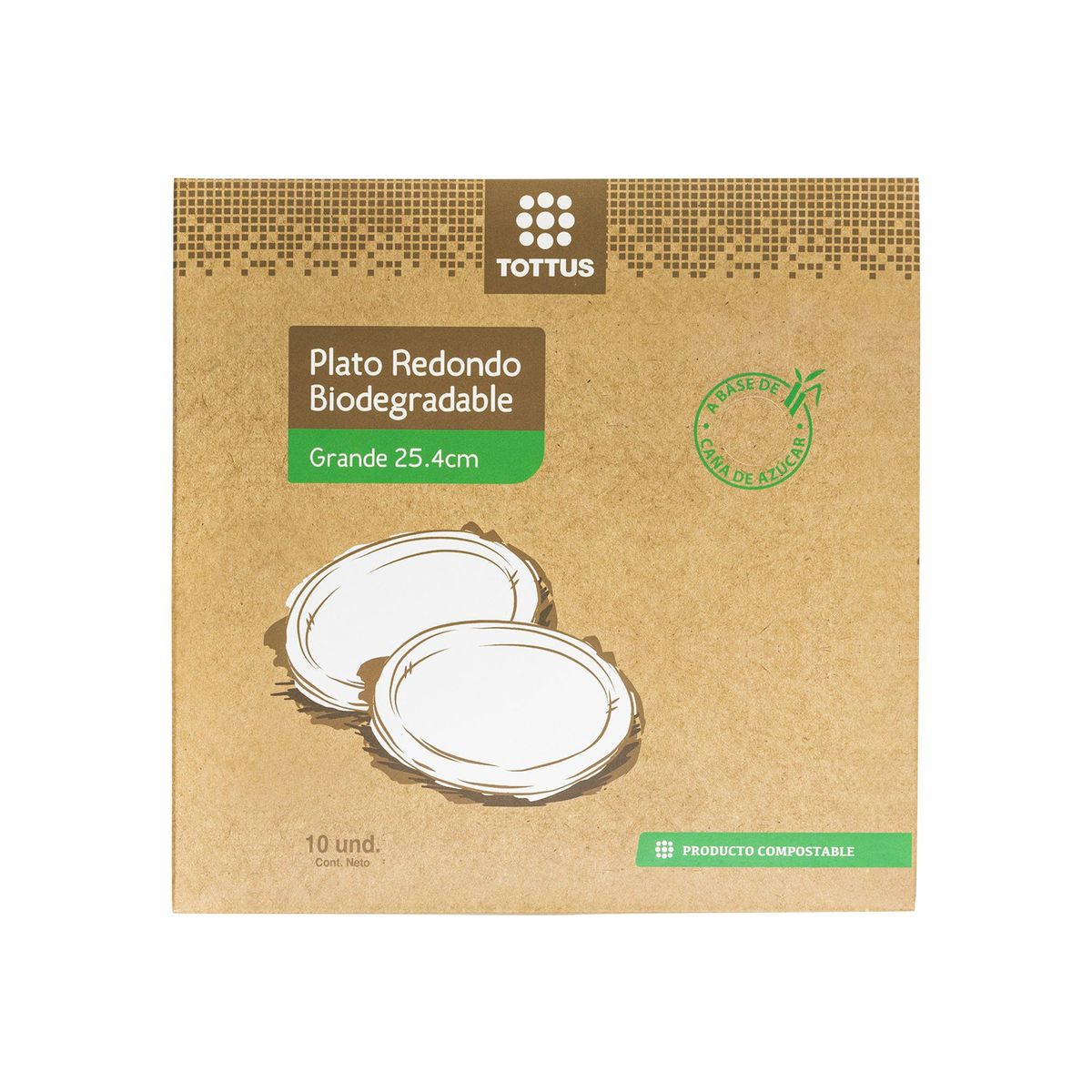 TOTTUS - Platos Grandes Biodegradables Compostables Tottus Empaque 10 Und