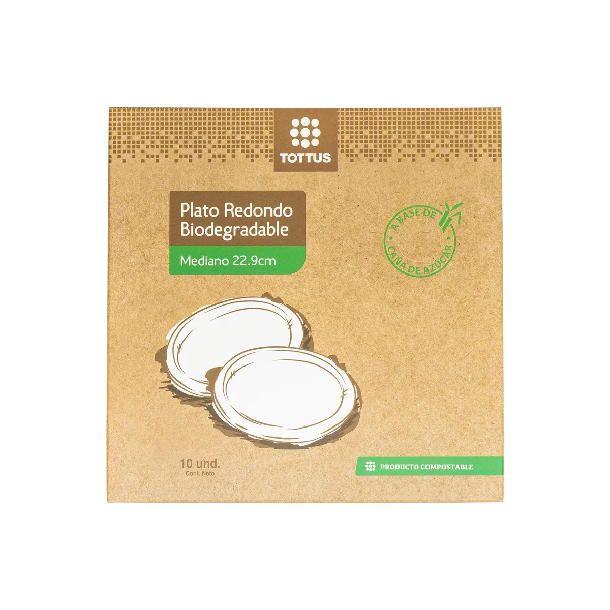 TOTTUS - Platos Medianos Biodegradables Compostables Tottus Empaque 10 Und