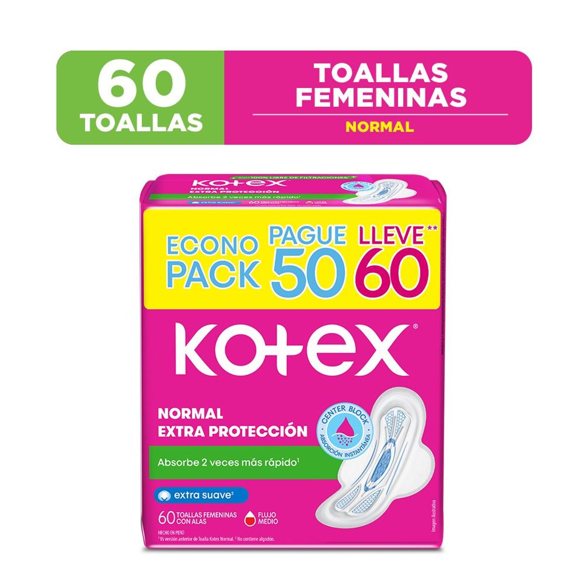 KOTEX - Toalla Higiénica Kotex Normal Empaque 60 Und