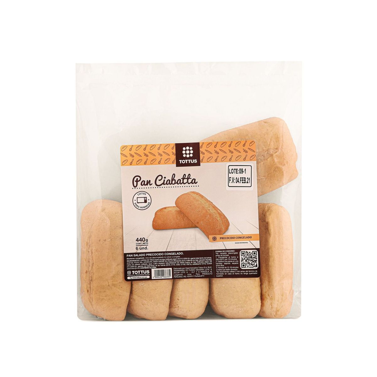 TOTTUS - Pan Ciabatta Precocido Congelado Tottus 440 g