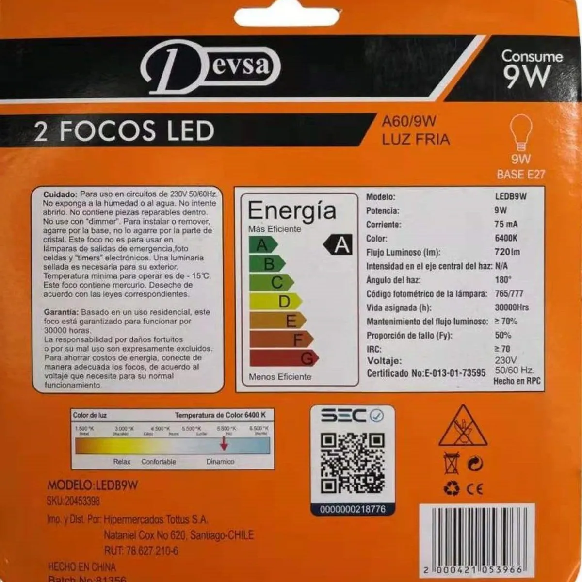TORKE - Foco Led Pack X2 9W Lb