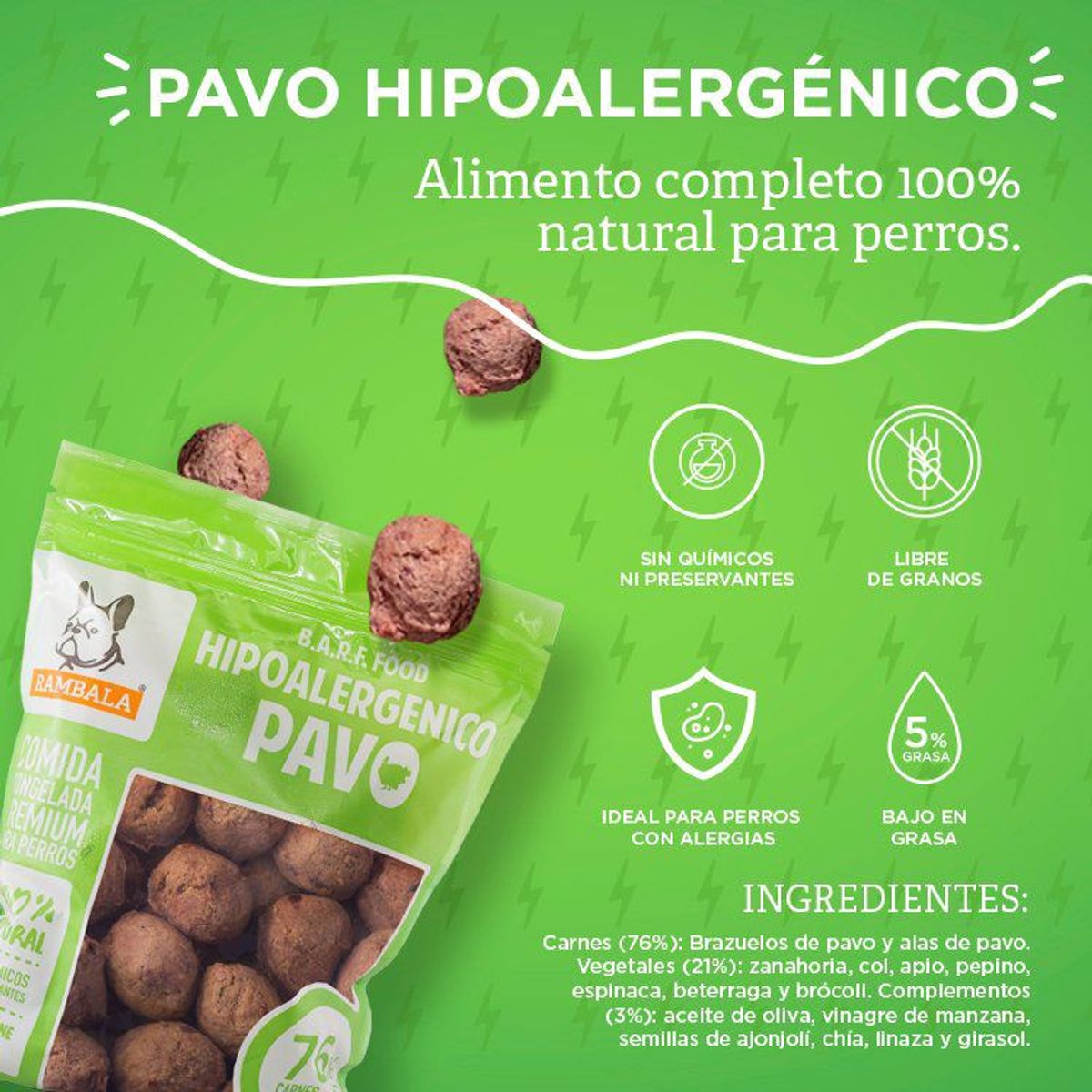RAMBALA - Alimento Congelado para Perro Pavo Hipoalergénico Rambala Doypack 800 g