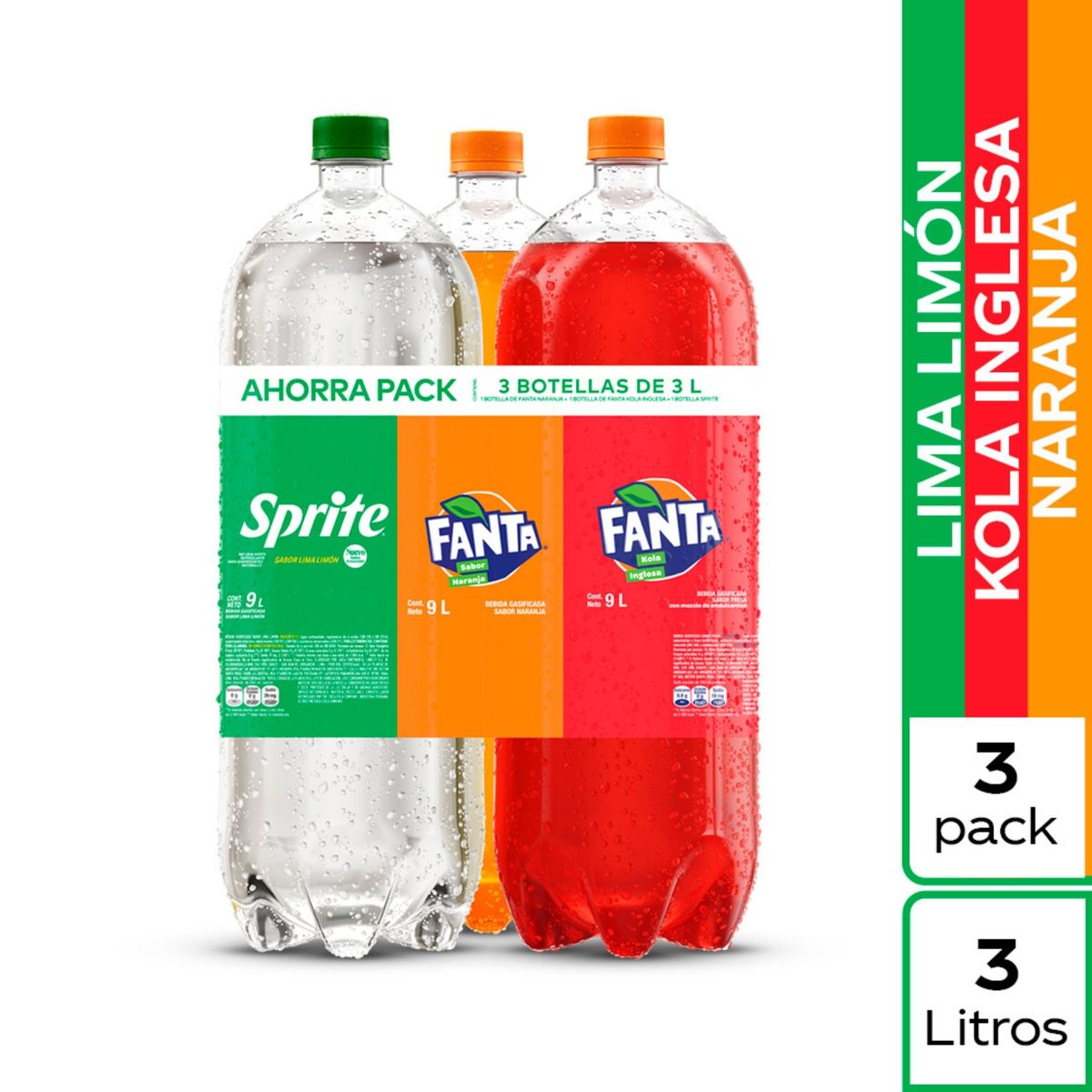 FANTA - Gaseosa Fanta Naranja 3 L + Fanta Kola Inglesa 3 L + Sprite 3 L