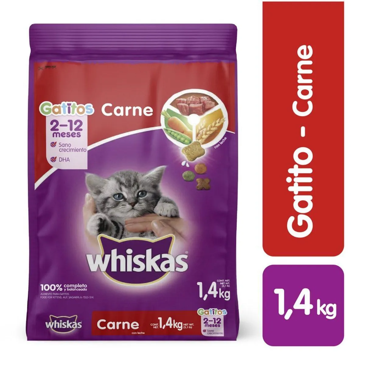 WHISKAS - Alimento Seco Gatitos Whiskas Carne Bolsa 1.4 Kg