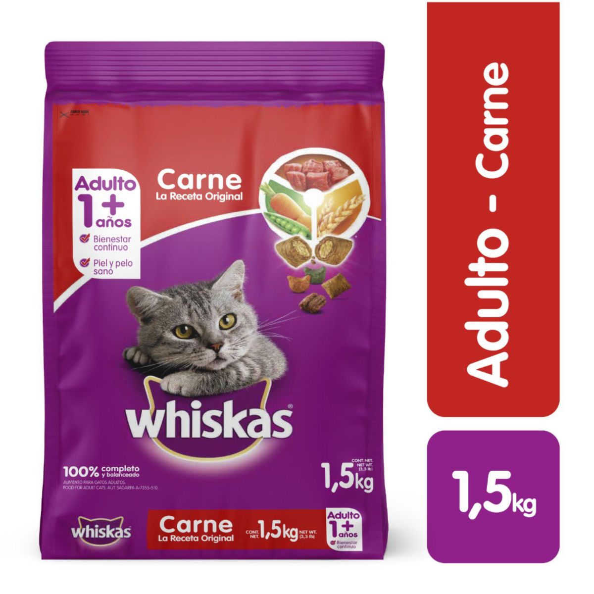 WHISKAS - Alimento Seco Gatos Adultos Whiskas Carne Bolsa 1.5 Kg