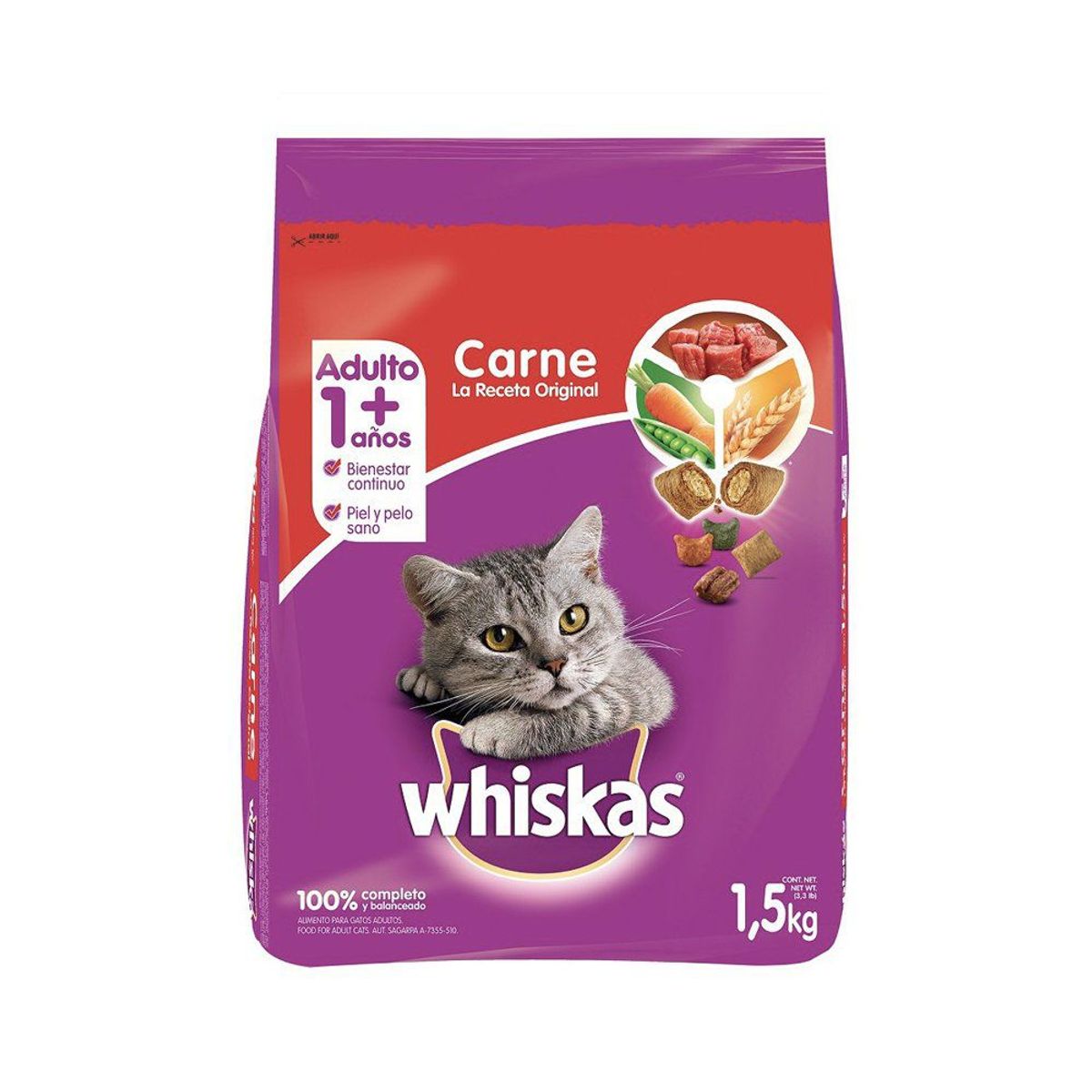 WHISKAS - Alimento Seco Gatos Adultos Whiskas Carne Bolsa 1.5 Kg